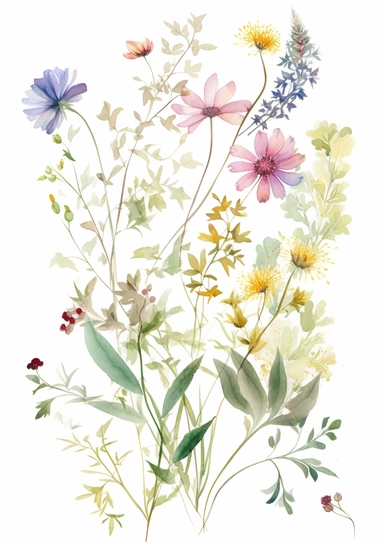 a watercolour of floral flourishes made out of very delicate summer wildflowers on white background for clipart, 8k
