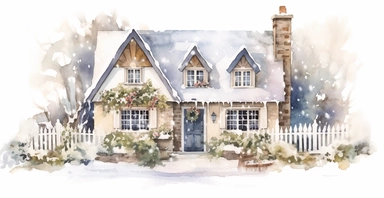 Cute English Cottage, snowy, ornamental watercolor clipart