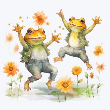 cute frog designs dancing with flowers, in the style of fairycore, surrealistic poses, animation, kawaii, green academia, beatrix potter, watercolor print, white background, watercolor paint, procreate watercolor drawing, Watercolor Sublimation design, realistic cartoon, realistic water based colors, clipart, transparent white background