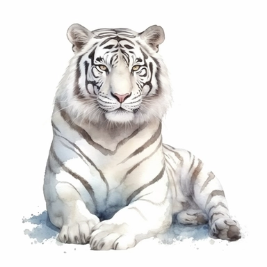 Majestic white tiger with black stripes, watercolor, clipart, on isolated on white background.