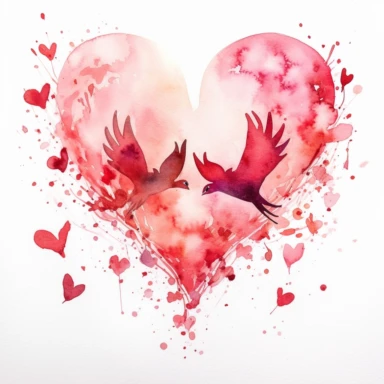 An endearing watercolor scene of love, captured on a white background. Clipart on a white Background. This illustration features two hearts that are whimsically drawn to look as if they are in mid-flight, towards each other. The hearts are painted in shades of deep red and soft pink, with delicate brush strokes that provide a hand-painted texture. Between them, a small 'kiss' is depicted in the form of two tiny lines converging - symbolic of their connection. The overall image exudes warmth and 