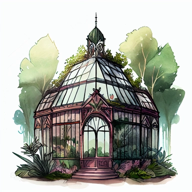 on a white background for a clipart realistic and detailed whimsical deep and bright color watercolor and black ink illustration in the 2d anime style. a glass greenhouse in art nouveau style. Add magic vegetation, magical details and mystical atmosphere. plants are everywhere