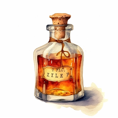 watercolor, hyper realistic, white background, white margins, 16k, ultra detailed clipart, cut out image, hand-drawn a vintage glass bottle with a cork stopper, filled with amber-colored liquid and a label that reads Elixir of Life.