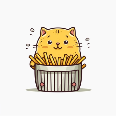 fat chubby cat agreesively eating french fries, funny, very funny, clipart with crisp lines and white background