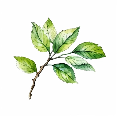 a little branch of a cherry tree leaves, watercolor clipart, green leaves, cut out, simple line art drawing, thin black outlines