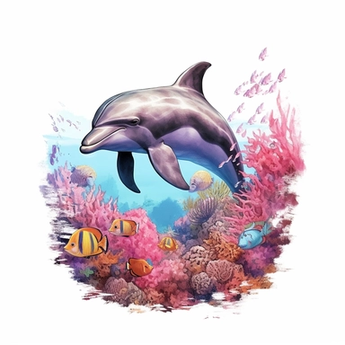 A big overrealistic bottlenose dolphin with watercolor effect,coral reefs,deep water,dark water scene,suitable for digital clipart,white background Clipart ,Cartoon,hyper realistic, intricate detail, illustration style,high solution,on the white background