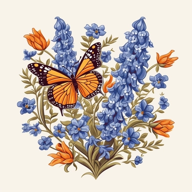 beautiful illustration of stems of bluebonnet flowers and monarch butterflies designed into a shape the same as the state of Texas, minimilist illustration, clip art, vector, gouache painting