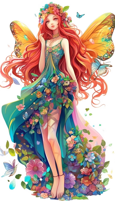beautiful fairy, with long red hair, wearing s flower head band, bright blue eyes, elf like features, big colorful wings,wearing a multi colored flowing dress, clipart