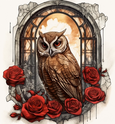 DESIGN A MAGNIFICENT AND EXQUISITE BREATHTAKING ONE-OF-A-KIND HIGH QUALITY HIGHLY DETAILED MASTERPIECE WATERCOLOR CLIPART ILLUSTRATION OF an owl with roses in an image of an old window lace wall plaque, in the style of dystopian cartoon, drew struzan, light white and light red, joe madureira, expressive character designs, avian-themed, aliza razell, WHITE BACKGROUND