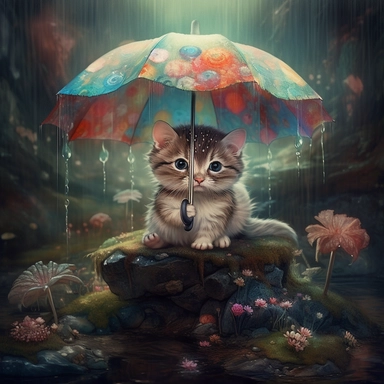Charming, high-quality splashing art of a charming baby kitty, up close, sitting under a toadstool mushroom in the shape of an umbrella in an enchanted forest in the rain, dark shadows, deep contrast bioluminescence, magical, mystical, intricately detailed scene,soft pastel colors with a shade, bright colors, wet dirty earth, puddles, fantasy art, masterpiece, marked award-winning, Digital artwork, Clip Studio Paint, Rich colors, Painterly texture, trends in art communities, Adobe Photoshop