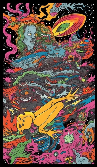 clipart some psychedelic artwork done by person, in the style of frank thorne, whiplash curves, adventure pulp, womancore, grunge skateboarding, bill brauer, celestialpunk my last year in art, a psychedelic poster'' a black woman in a teddy bear hat, in the style of michael deforge, grunge skateboarding, clyde caldwell, cosmic landscape, explosive expressionism, olympus af-1 (aka olympus infinity), #vfxfriday, a woman skateboarding and falling from her board, in the style of psychedelic-inspired