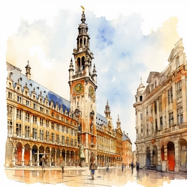 a Belgium Grand Place, Brussels in the style of watercolour clipart with detailed brush strokes