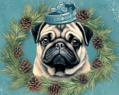 Christmas pug clipart christmas cliparts for dogs, in the style of reginald marsh, elaborate borders, dark silver and aquamarine, 1940s–1950s, lois greenfield, dee nickerson