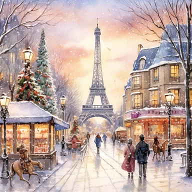Christmas eve in Paris, style by Thomas Kinkade, watercolor, smooth gradients, black contour outline, ultra detailed, clipart elements, vibrant colors, solid white background, super clear, high quality