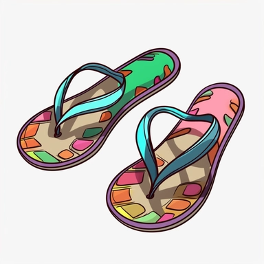 Flip-flops: Simple sandals that are easy to slip on and off, perfect for wearing at the beach or pool. outlines are 10 cm thick, and black, with no shadows on the ground, whimsical illustrations, realistic watercolors, and detailed illustrations. cartoon, clipart PNG, transparent white background