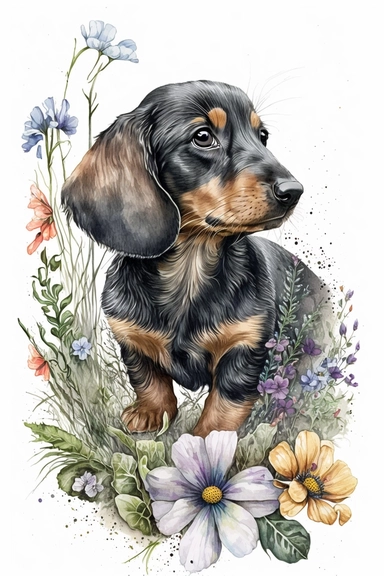 watercolor cute puppy dachshund dog and wildflowers, white background, children book illustration, hyper realistic, 8k, ultra detailed clipart, warm colors, black ink style