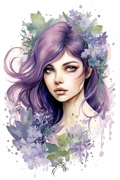 Clipart Young woman. In the style of fabulous qualities, lavender and sage, surrealism, delicate, whimsical composition, watercolor pencil and ink,