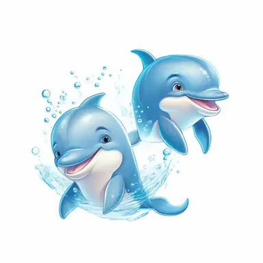 Baby Dolphin, Swimming together in synchronized harmony, creating a delightful water dance , clipart for nursuring, animated, white transparent background