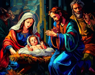 christmas cliparts, joseph clipart, jesus clipart, and infant Jesus cliparts, in the style of colorful absurdism, uniformly staged images, detailed crosshatching, bold, colorful, large-scale, massurrealism, uhd image, caravaggism