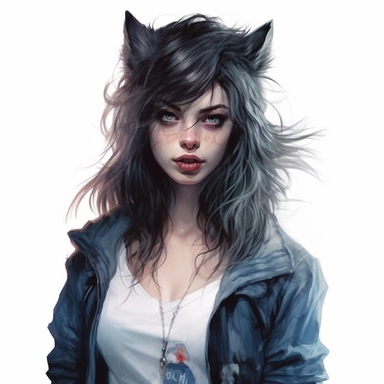 beautiful stunning pretty vintage werewolf female character, paint art style, clipart, white background, superrealistic, one of a kind