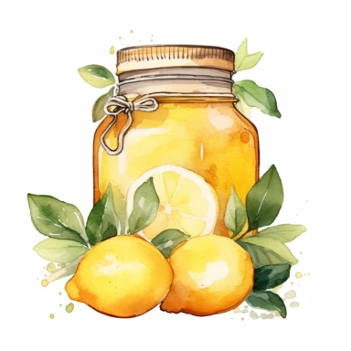 a watercolor clipart, vector of a honey jar with lemonade in the style of vintage imagery, decorative paintings, subtle shading, nature core, cottagecore, muted colors, craftcore, on a white background, uhd image