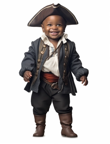 hasselblad 24 mm full body shot of a gorgeous african american baby boy very well dressed with Blue Eyes, clipart, Composition: Relaxed position , smiling, Style: Pirate, white background, hyperrealism, 32k