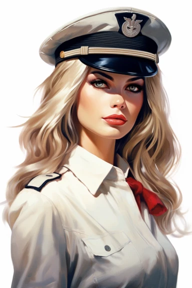 beautiful pretty pin up woman, makeup and hair vintage 50's style, dressed as pilot, paint art style, detail, clipart, white background, superrealistic, one of a kind