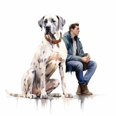Great Dane sitting attentively next to its owner, their bond evident in their eyes, capturing the loyal and loving nature of the breed, white background, watercolor clipart.