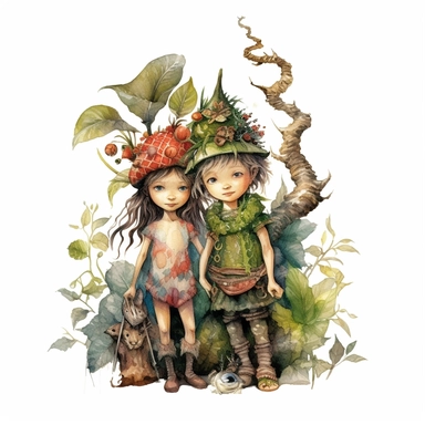 kids as forest elves, naturalistic, opulent, rich, surreal, white background, clipart