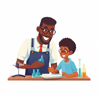 a black male science teacher helping a young black student with science, 4k, clip art style