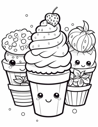 Kawaii Cake Icecream with delightful designs and flavors, like blueberry, chocolate chip, and banana For Simple Coloring page,line art, thick lines, black and white,clipart, illustration, on white background,margin Page 10px