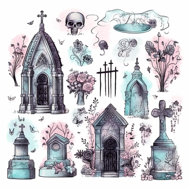 pastel Gothic cemetery things clipart on white background