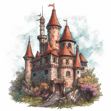 fantasy castle illustration, detailed, vivid color, fairy tale, feminine, girly, fantasy, dreamy, single castle, clipart, illustration white background