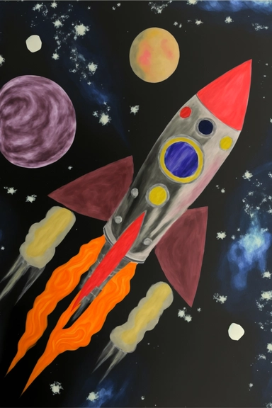 clipart, spaceship with 3 exhaust, space, planets, stars,