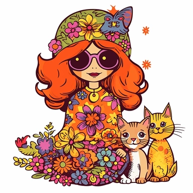 Groovy hippie 60s halloween witch and small cat, magical, Funny cartoon flower power clipart white background