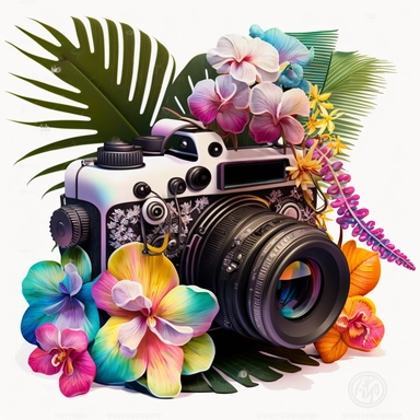 clipart of an old fashioned photo camera, 1 photo lens only, surrounded by an intricate arrangement of dramatic extravagant digital 3D rainbow orchid, palm leaves, in the style of large-scale photography, lush detailing, cartoon style, playfully intricate, made of flowers, bloomcore, thaï ambiant, 8K, clipart, clear background