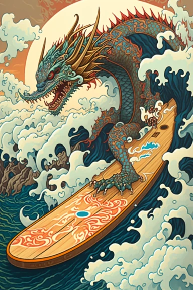 a painting of a standing cartoon Dragon riding kanagawa wave on a longboard surfboard, behance contest winner, psychedelic art, paisley, beautiful waves in sea, james jean and clyde caldwell, clipart, hi - fructose art magazine, katherine lam, artgram, marc newsom, sovietwave,