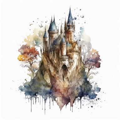 watercolor perfect detailed complicated fairy castle clipart with white background realistic colors, white background