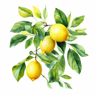 Watercolor clipart vibrant big branch with lush green leaves , The watercolor medium beautifully captures the essence of lemons, with their bright yellow hues blending seamlessly into subtle gradients, creating a sense of depth and texture. The delicate brushstrokes bring out the natural curves and contours of the lemons, while the leaves add a touch of organic elegance to the composition. These watercolor lemons with leaves are perfect for adding a splash of zest and vibrancy to your creative p