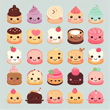 beautiful tiny happy face kawaii desserts, clipart collection, no background, many tiny
