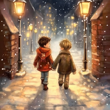 christmas eve, 2 happy children walking in Narnia, twinkling lights, Disney style of drawing, clipart