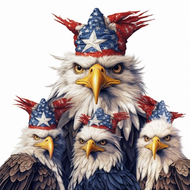 digital clipart, solid white background, a realistic family of martial patriotic eagle wearing 4th July apparel