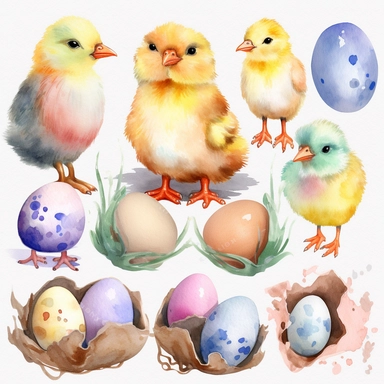 Easter Clipart, Easter Bunny, Easter Eggs, Easter Watercolor, Bunny Clip Art, Chicken Eggs, Kids Clipart, Farm Animal, Watercolor Sublimation design, white background for removing background no text font watermark shadow