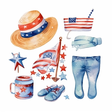watercolor illustration, cute 1st of July clipart, high resolution, detailed doodle, white background, doodle clipart USA