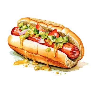 a watercolor clipart of a hotdog, white background