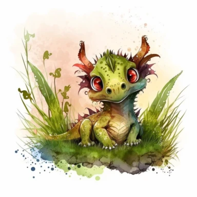 cute baby Dragon with big ears and wigns with smile face sitting in grass ,big eyes water colour clipart