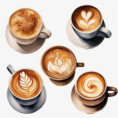 Produce a set of six captivating clipart images in a realistic watercolor illustration style, focusing on cappuccinos from different angles, accompanied by teaspoons and scattered coffee beans. Capture the essence of this beloved coffee beverage, infusing