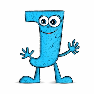 clipart style blue letter J with black line, with arms, legs and friendly cute face for children, isolated, white background,