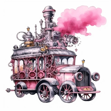 pink watercolor steampunk circus clown car, clipart, metallic, gears, iron pink gray black, 32k. highly detailed