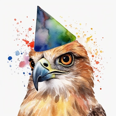 please create watercolor clipart of a hawk smiling, wearing party HAT AND GLASSES, colorful, WHITE BACKGROUND